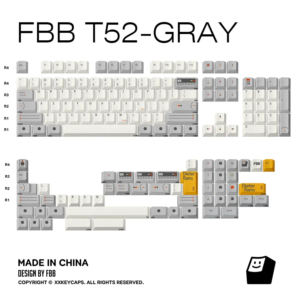 FBB Keycaps T52 Gray Style For Cherry Profile Mechanical Keyboard Keycaps 60%, 75%, 80%, 96%, 100% Layout DIY Kit 1.7mm Thick