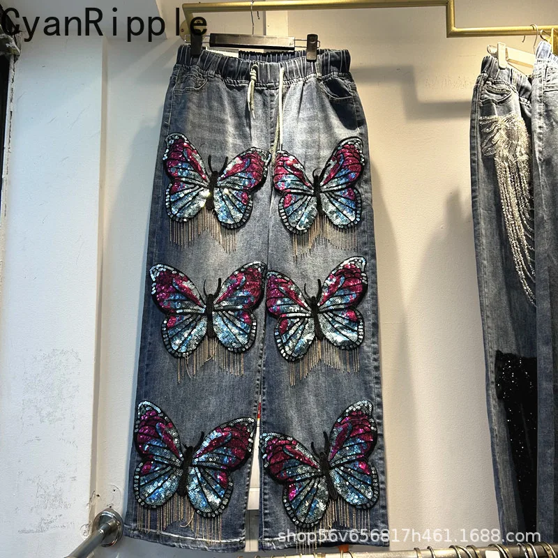 

Джинсы женские весна-лето с вышивкой бабочек из цветных пайеток, универсальные, с эластичным поясом, широкие штанины, модные, длинные