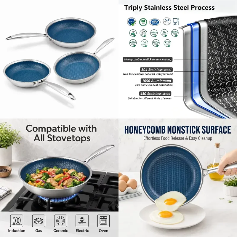 for Sartén Plana 304 Stainless Steel Pan Three Layer Ceramic Coating Non Stick PFAS PTFE PFOA Free for Induction Dishwasher