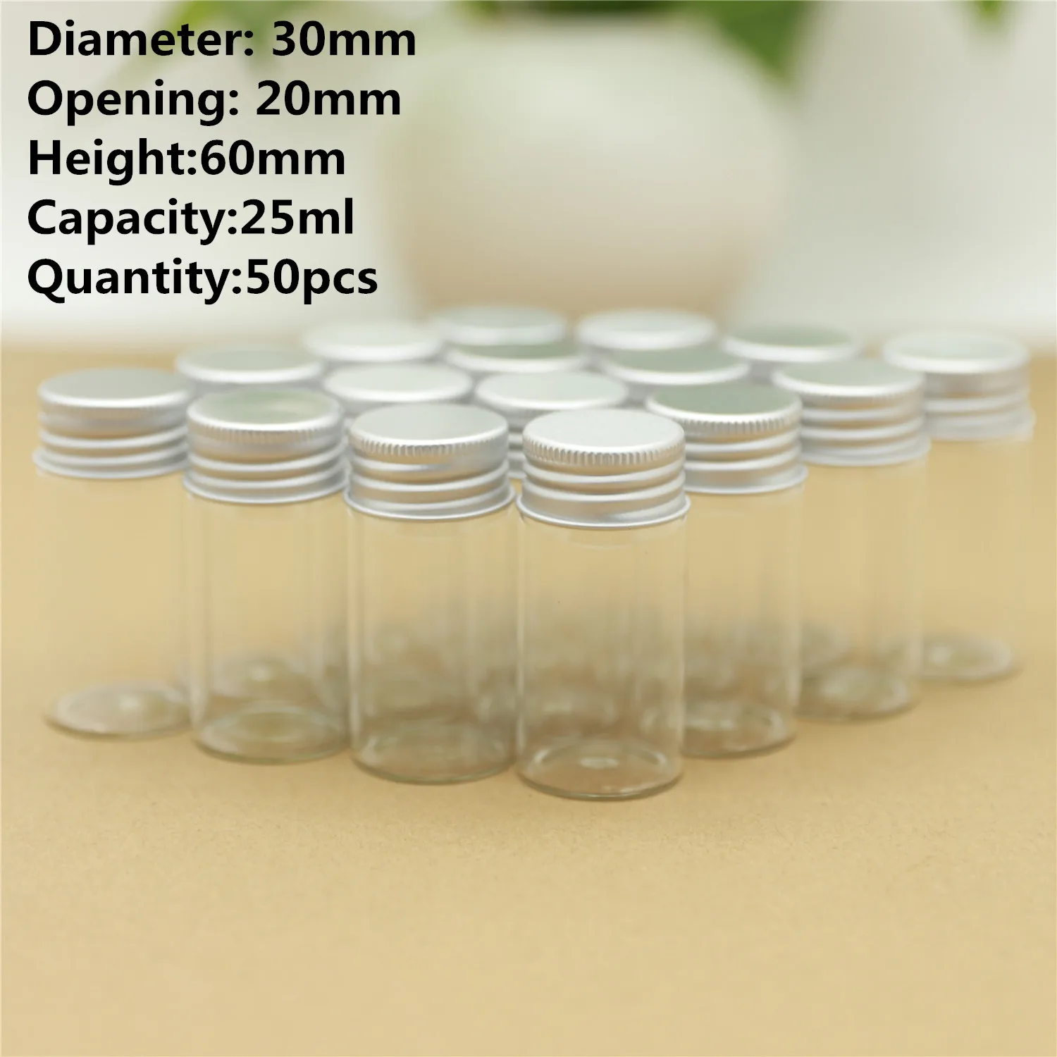 

50 PCS/lot 20*30*60mm 25ml Small Glass Vial Bottle Aluminum Caps Tiny Empty Jars Containers Decorative Glass Bottles