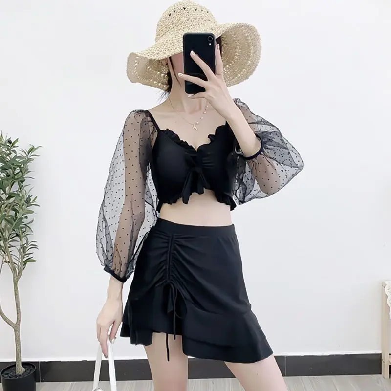 Korean Fashion Solid Color Slim Two-Piece Swimsuit Women\'s Clothing Summer 2023 Ruffles Spliced Casual Swimwears for Female