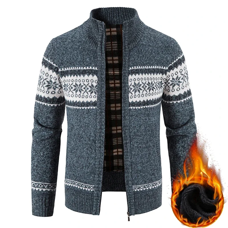 

Pop Winter Men's Fleece Cardigan Christmas Knit Sweater Coat Business Casual Jacket High Quality Male Wool Cashmere Clothing