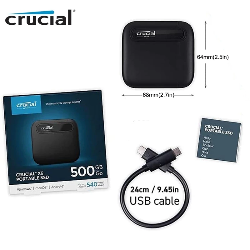 Crucial X6 500G 1TB 2TB 4TB Portable SSD Up to 800MB/s USB 3.2 External Solid State Drive Type-C Hard Disk