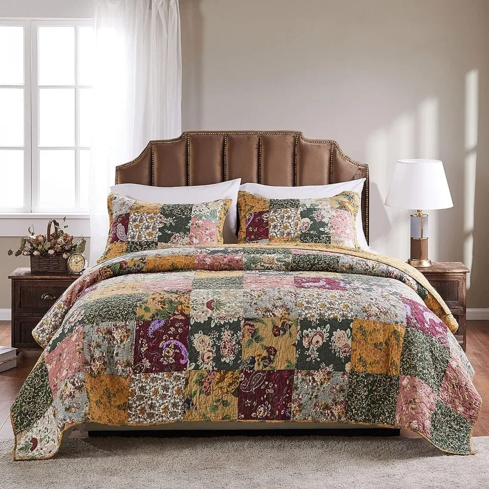 

Home Quilt, Antique Unique Authentic Patchwork Cotton Quilt Set, Natural, 3-Piece Set/Large Size