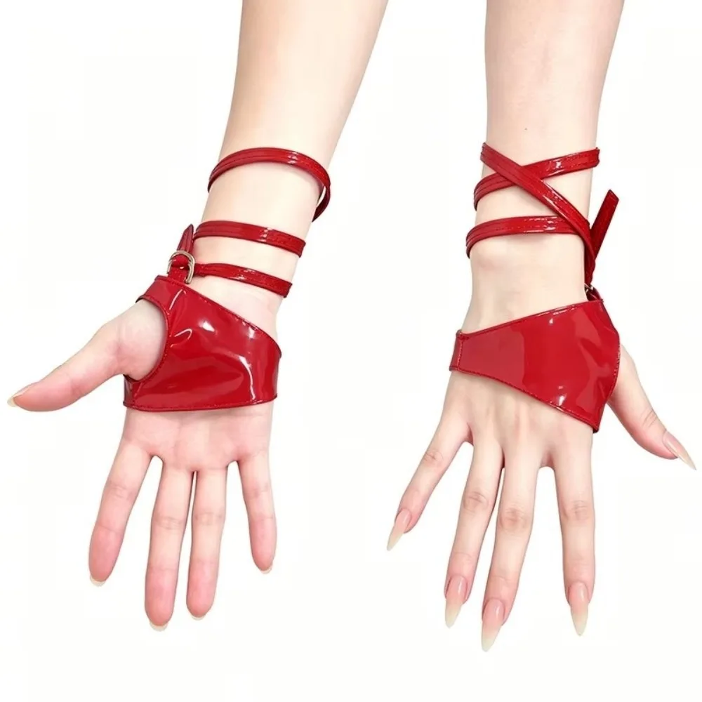 Patent Leather Patent Leather Gloves Open Finger Fingerless Design Fingerless Gloves Wrist Tie-Up Punk Style Wrist Tie-Up Gloves