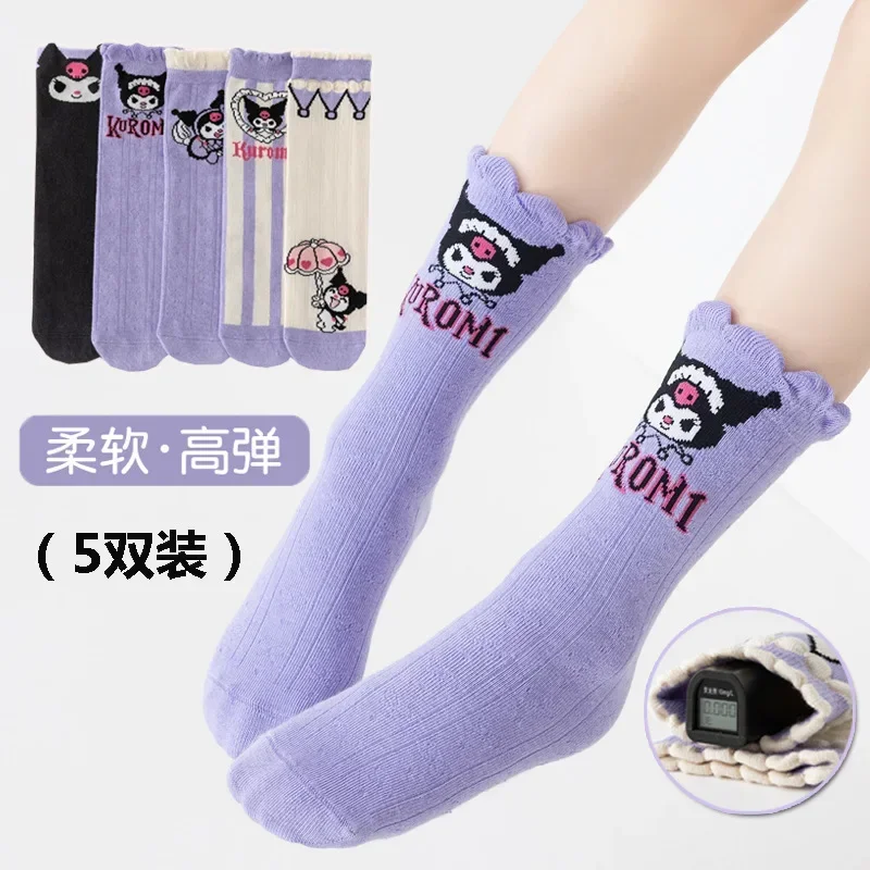 5pcs Kawaii Sanrio Fashion Cinnamoroll Cotton Socks Spring Autumn Cute Kuromi My Melody Mid Tube Cotton Stocking Gifts for Kids