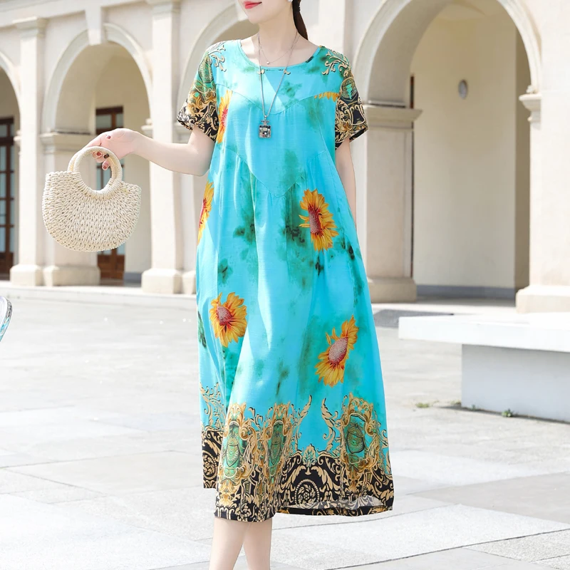 Vestidos informales de verano para mujer, ropa holgada de manga corta con cuello redondo y estampado Floral, Estilo Vintage, nueva moda
