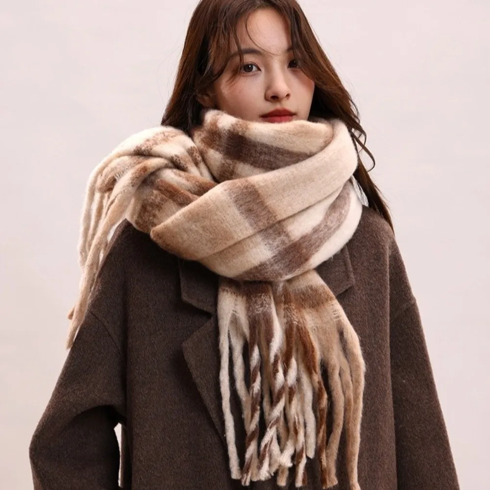 

Elegant Mohair Plaid Wool Scarf Tassel Plush Winter Cashmere Scarves Thicken Korean Style Long Shawl Autumn Winter