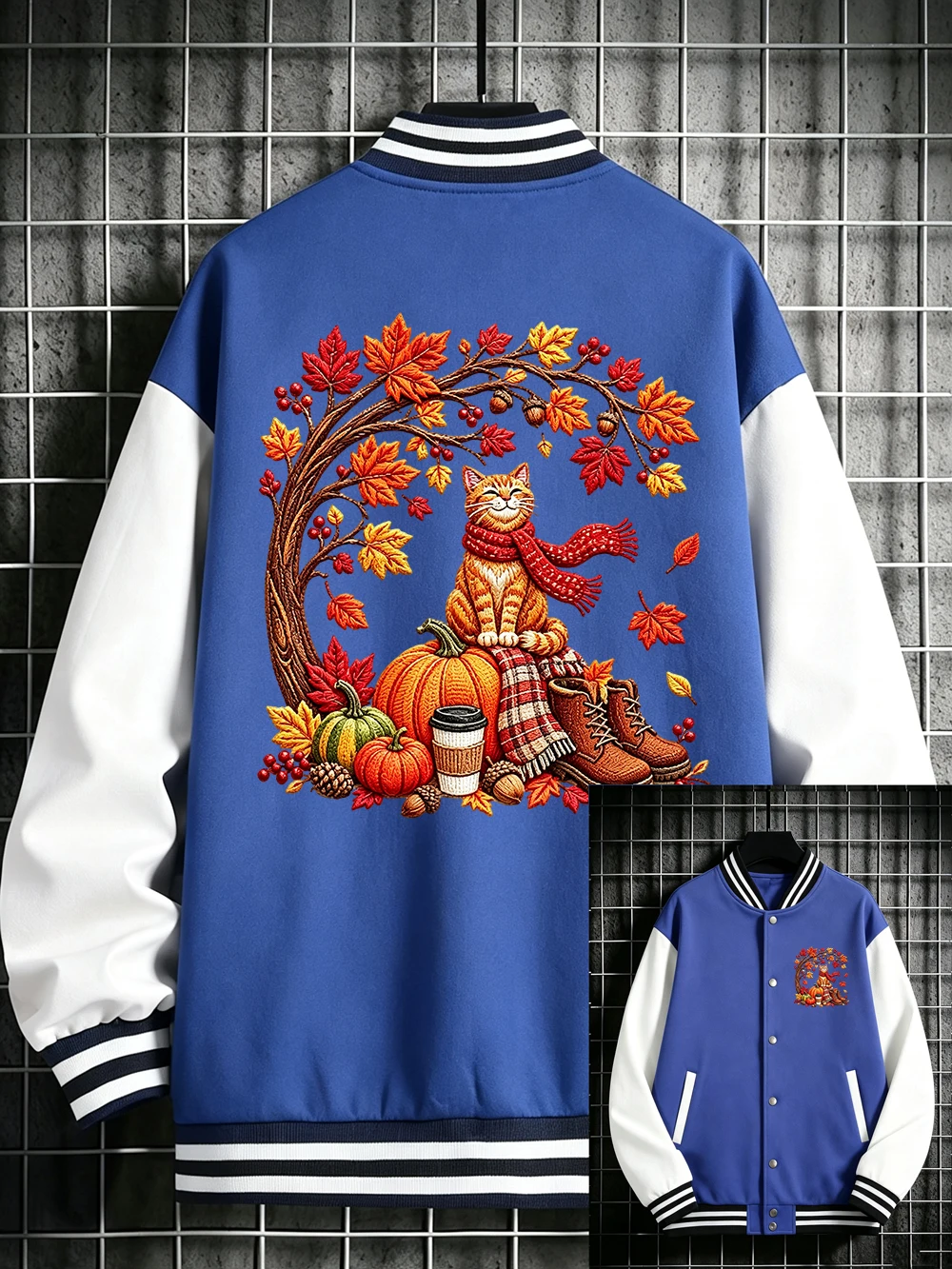 Embroidery Fall Orange Cat Prints Baseball Jersey Men Winter Fleece Coats Casual Pocket Cotton Jackets Sporty Loose Male Clothes