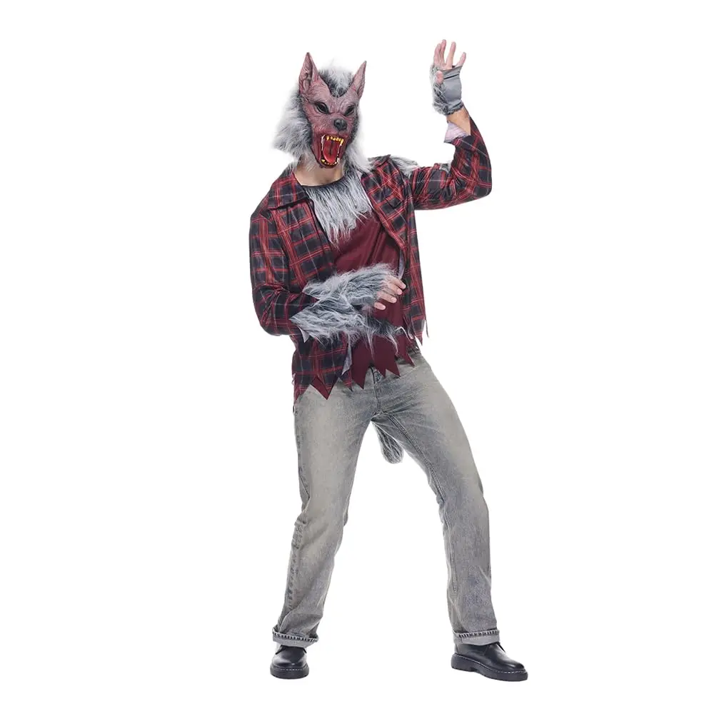 زي المستذئب للرجال - بدلة الهالوين على شكل قمر كامل مع قناع وقفازات واقعية، مجموعة تنكرية فروي للبالغين #5