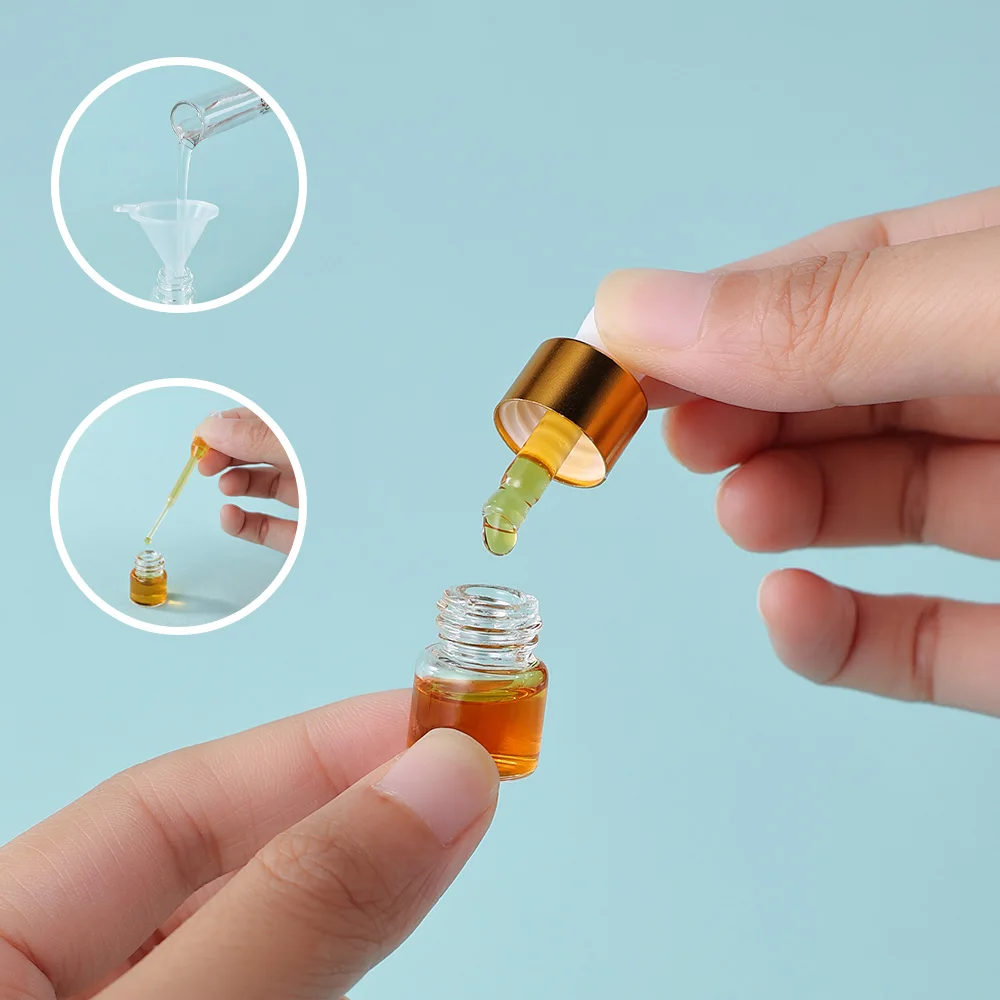 100 peças 1ml tampa dourada frascos conta-gotas vazios de vidro conjunto com 24 pipetas 24 funis-garrafas recarregáveis à prova de vazamento para cosméticos de essência