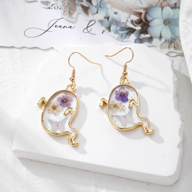 

Halloween Series Ghost Earrings Creative Epoxy Resin Natural Flower Earrings Cute Pumpkin Earrings With Dried Flower Jewelry New