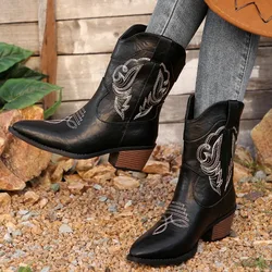 New Autumn Winter Women Ankle Boots Western Cowboy Boot Pointed Toe Embroidered Knight Boot Retro High Heels Shoes Plus Size 43