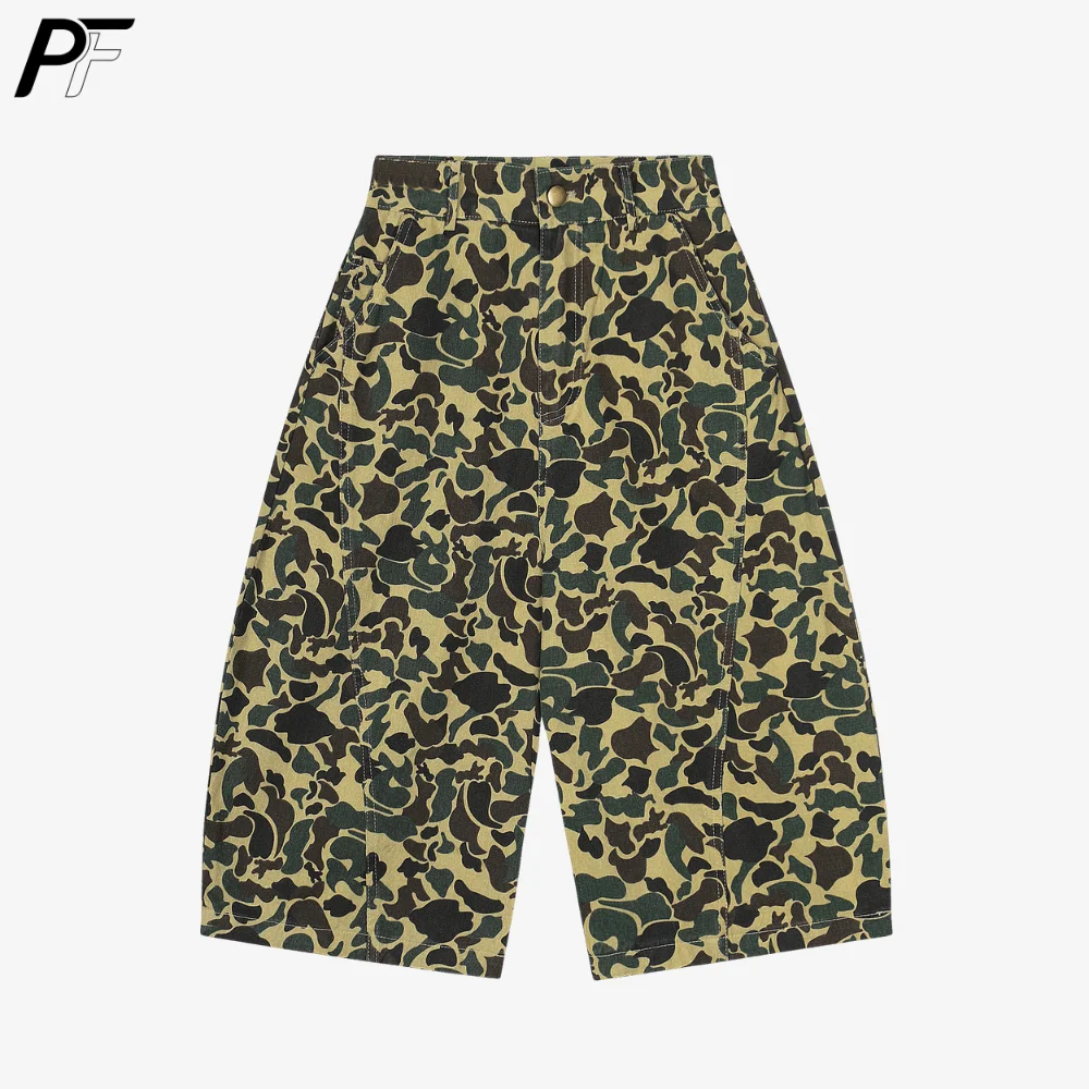 

Vintage Camouflage Print Wide Leg Shorts High Waist Loose Fit Casual Baggy Knee Length Capris for Streetwear Summer Outfits