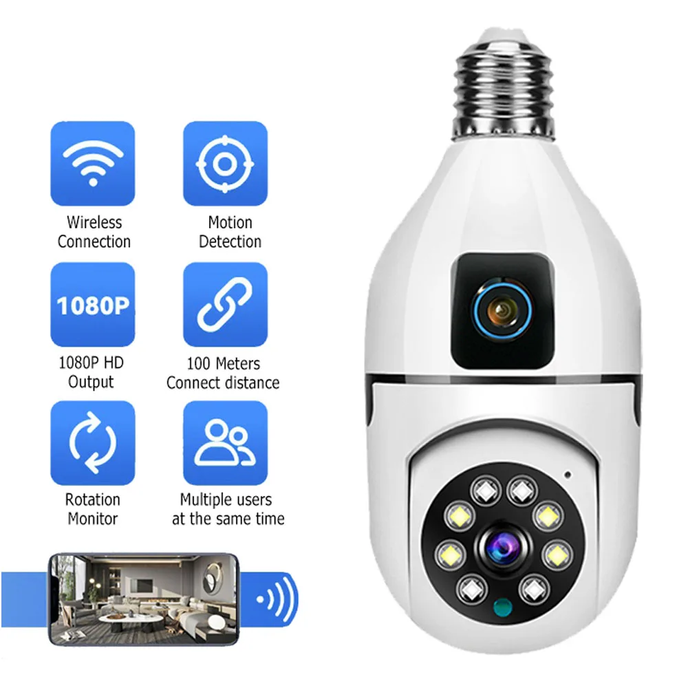 

HD Smart Home Camera 1080P Dual Lens Dual Screen Indoor Camera E27 Bulb CCTV Wireless Auto Tracking Security Surveillance Camera