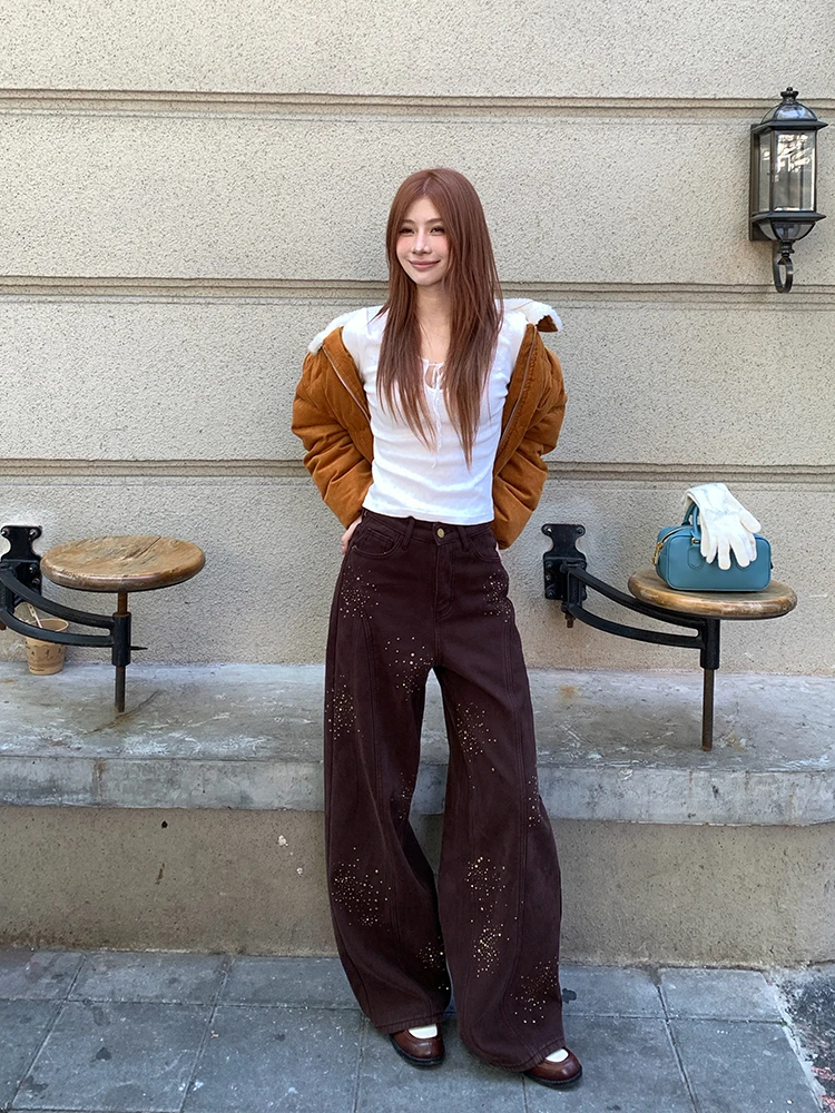 

Mischief of Cookie Spicy Girl Autumn Winter Vintage Coffee Color Rhinestone Wide Leg Scythe Pants High Waist Straight Leg Tro...