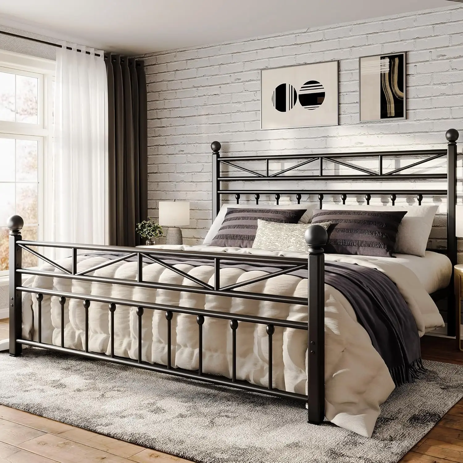 

54" Metal King Bed with Tall Headboard/Footboard, LED Light, Metal Slats, Under Bed Storage, No Box Spring, Noise-Free, Black