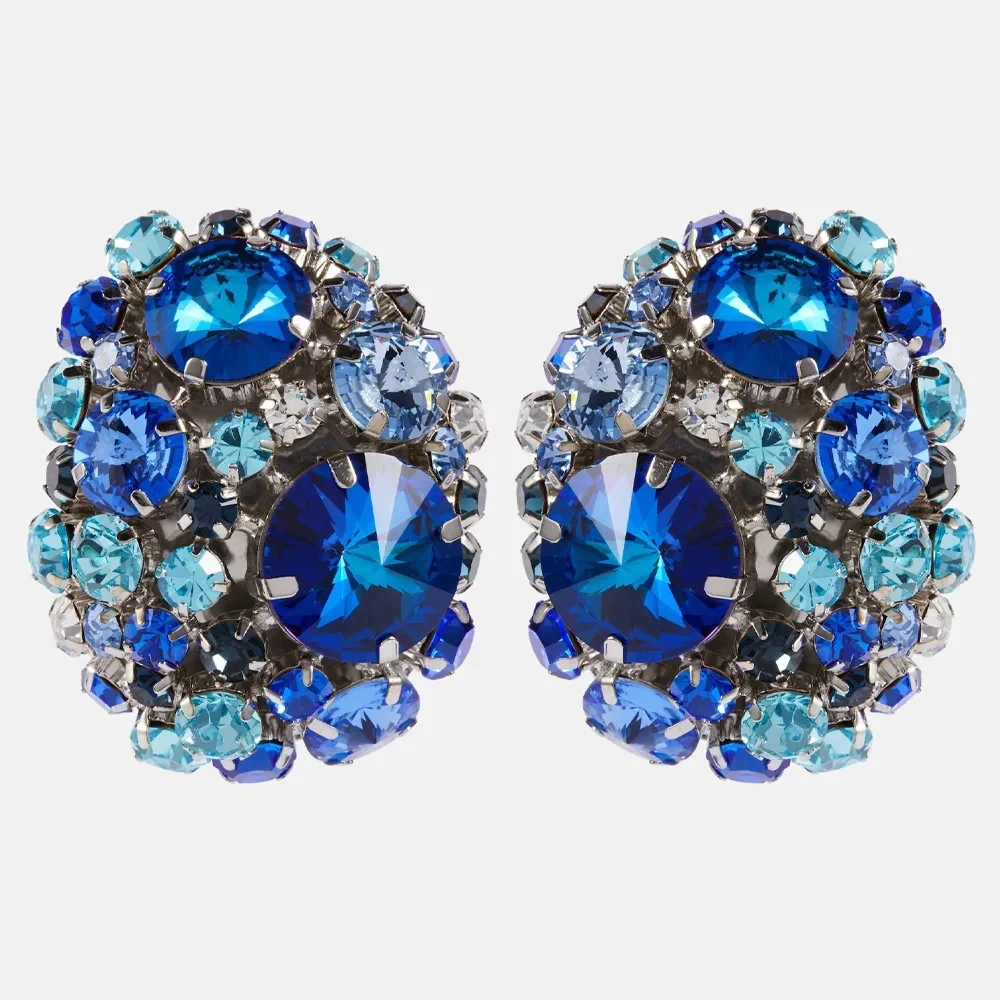 2025 Fashion Blue Round Ear Clip Earrings Women Accessories Gift Christmas Bling Rhinestone Dangle Earrings No Piercing Jewelry