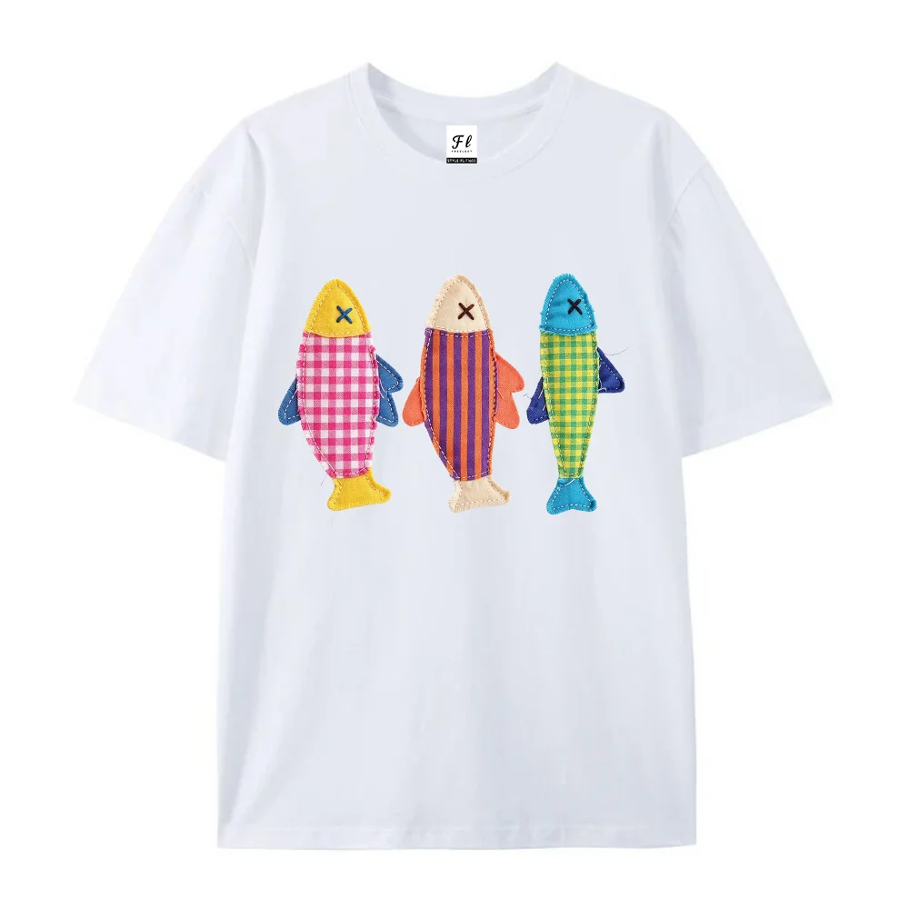 Womens Three Fish Patch Graphic T Shirts Cute Applique Embroidery Marine Print Casual Short Sleeve Crew Neck Summer Top Tee