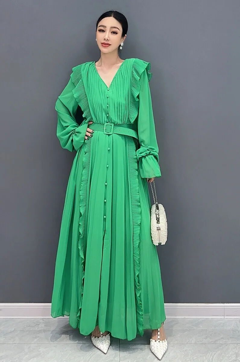Autumn New Elegant Solid Color V Neck Loose Long Dresses Women Fashion Long Sleeve Folds Green Dress Ladies Wholesale
