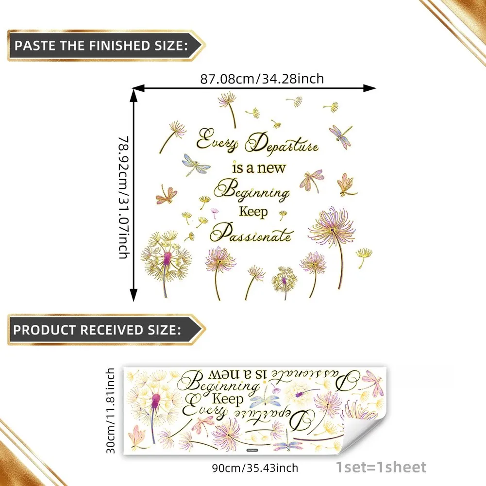 Contemporary Wall Sticker with Hand Painted Dandelion Pattern Highlighted by Gold Foil for Home Interior Styling