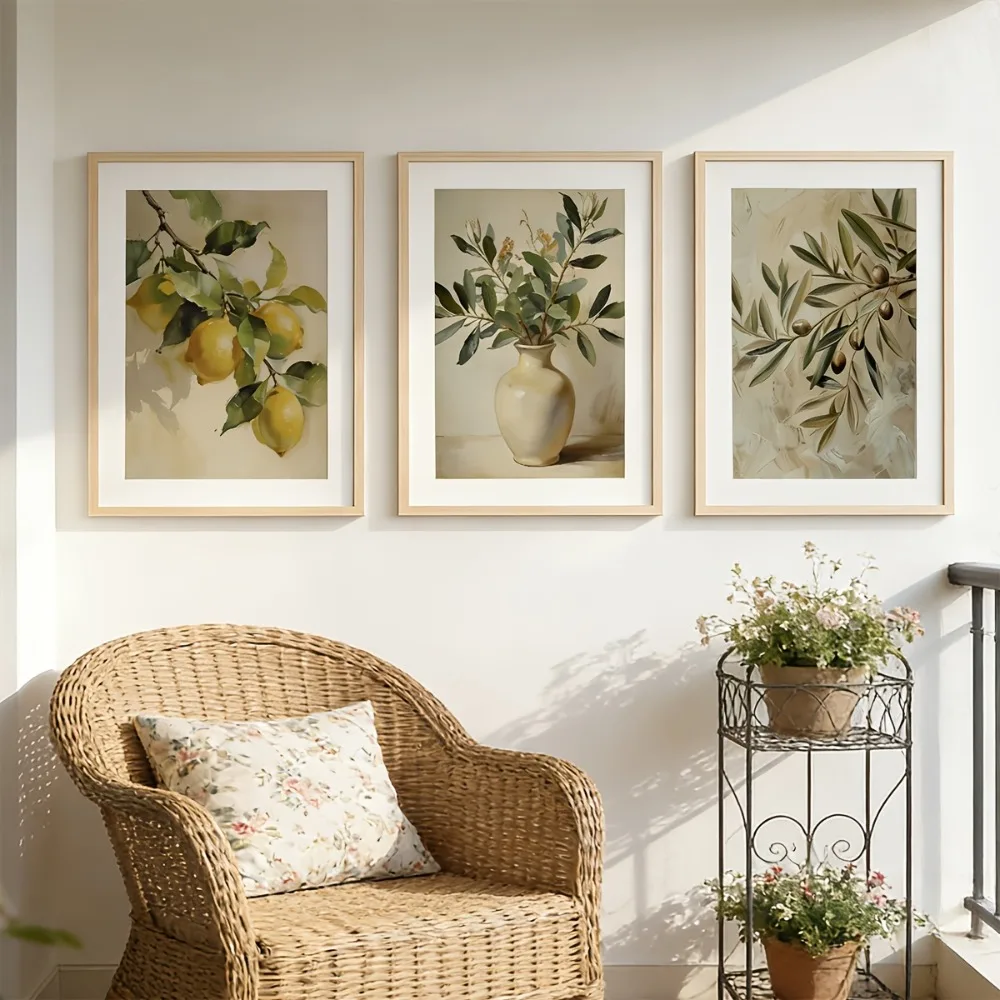 3pcsFrameless,Country Cottage Retro Olive Branch,Vase,Lemon Leaf Painting Printing Poster,Retro Plant Painting,Simple Wall Decor