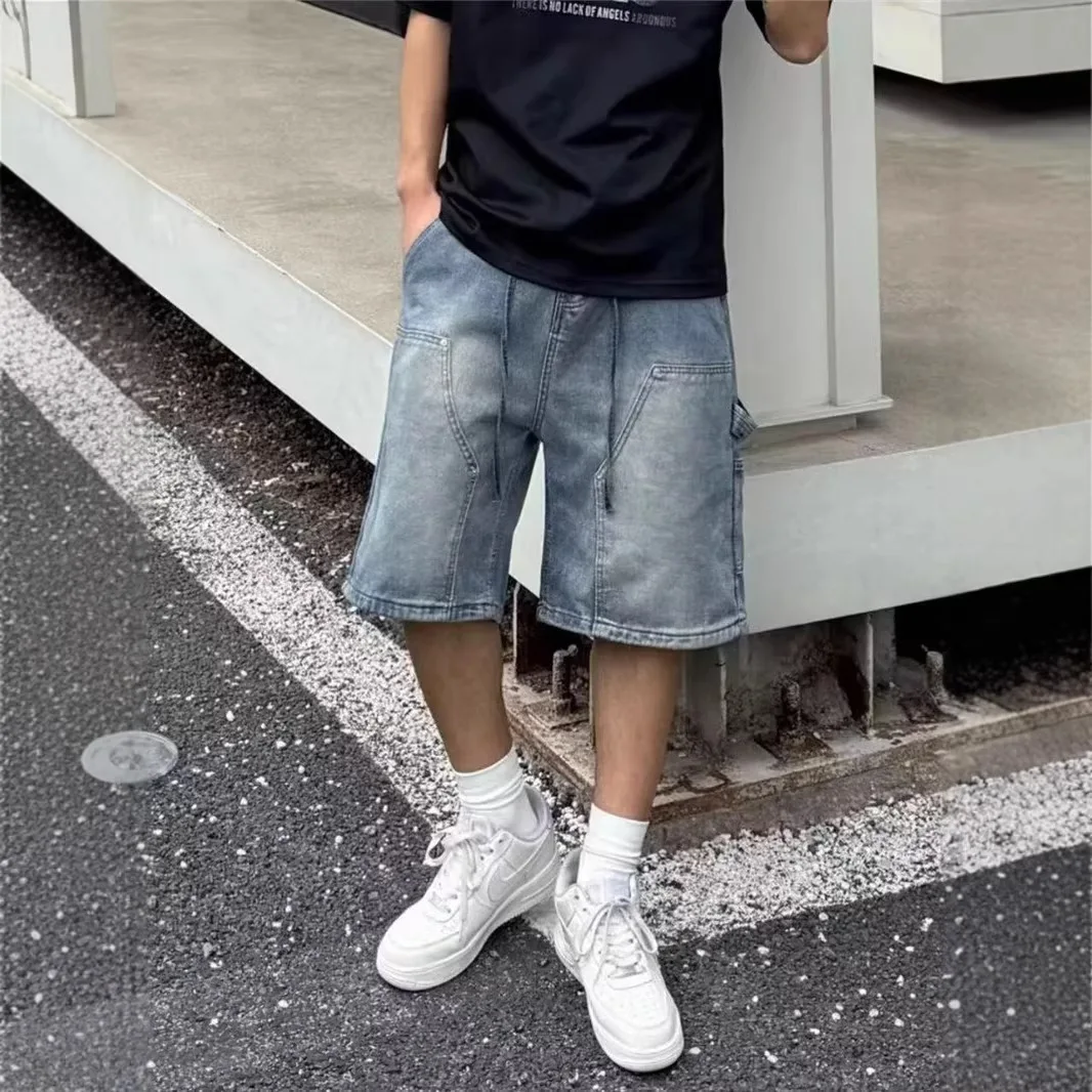 2026 New Summer American Retro Washed Old Jeans Men's Loose Straight Casual Five-point Pants