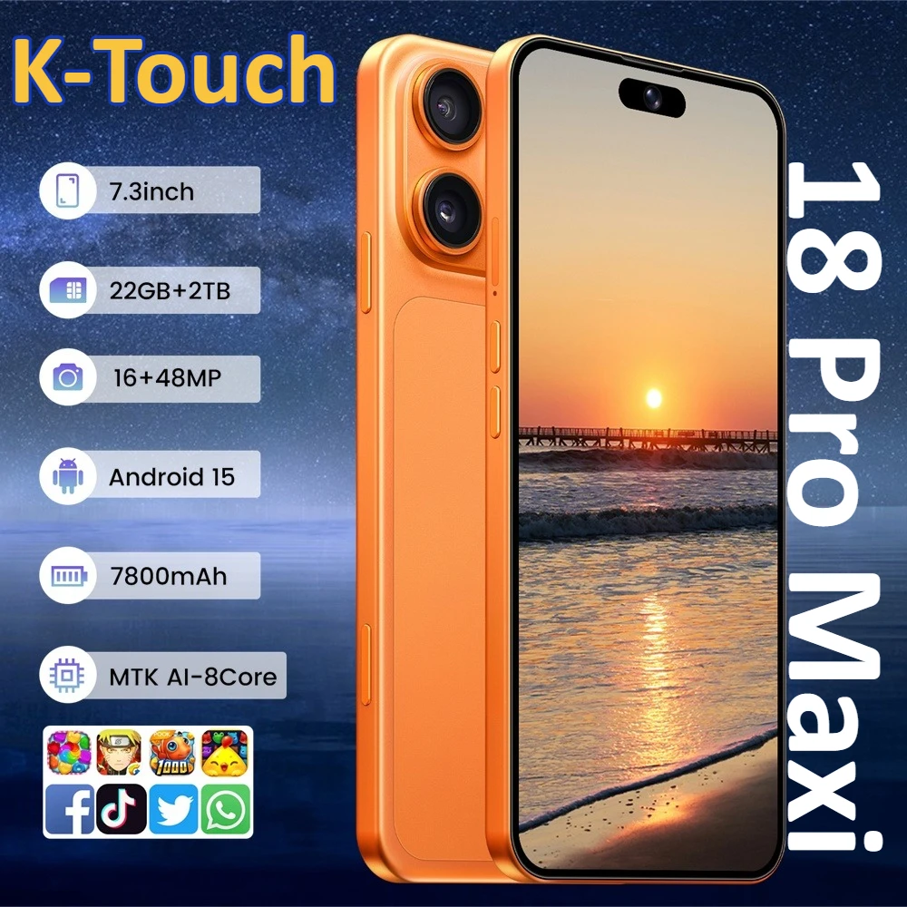 Téléphones mobiles K-Touch iFone 18 Pro Maxi, smartphone débloqué par empreinte digitale, Android 7,3 pouces, 16+48MP, 5G, double carte, double veille, 7800mAh, version mondiale, téléphone portable pour hommes et femmes