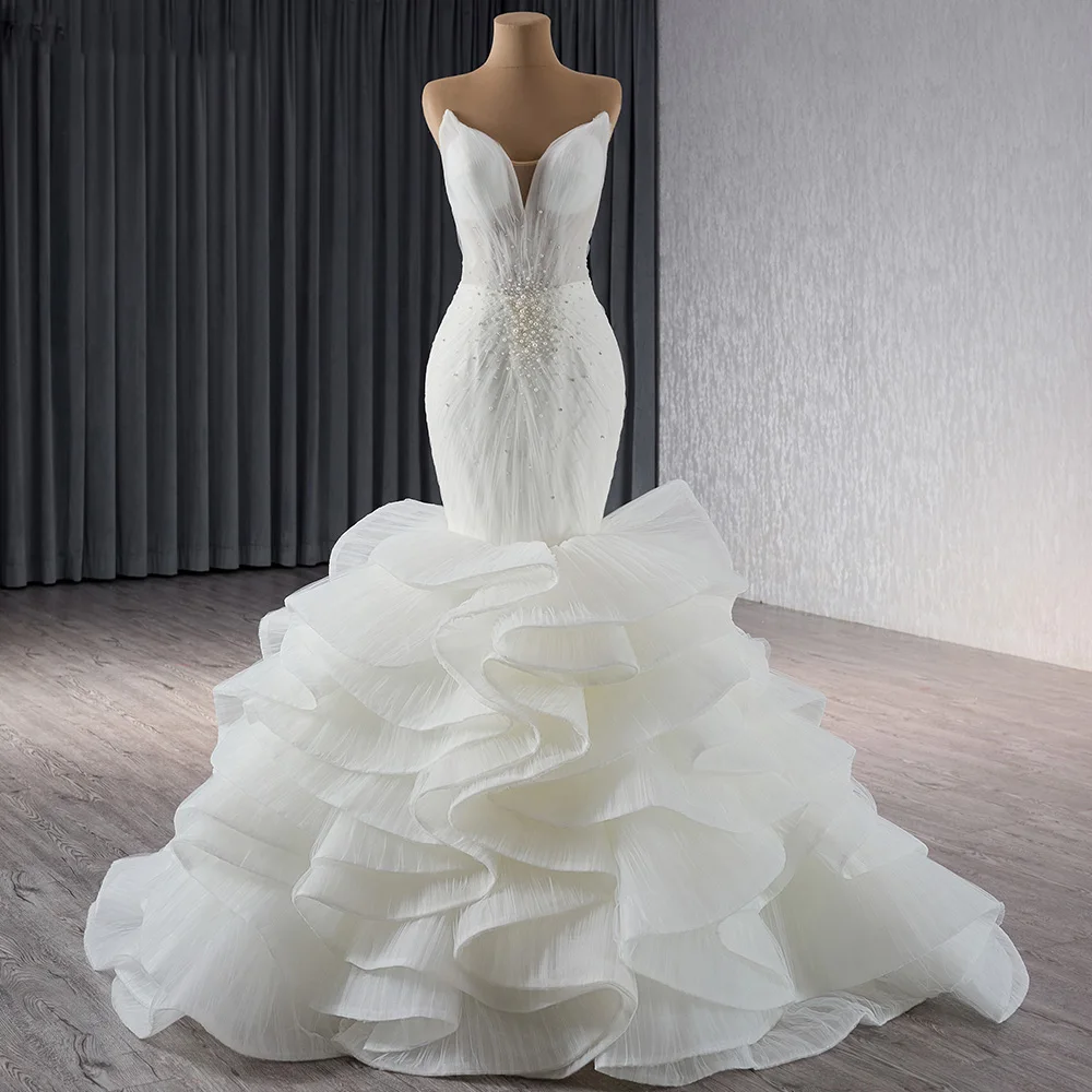 Vestido De novia De Organza sin tirantes, corpiño elegante De encaje con cuentas De lentejuelas, RSM241065