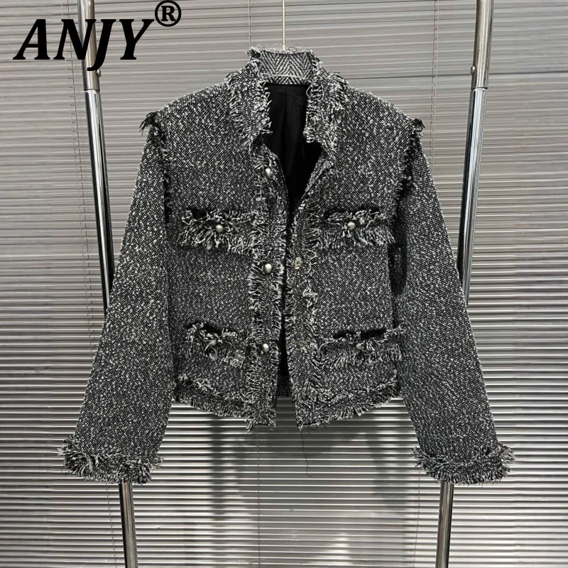 ANJY Autumn Winter New Women European Fashion High-End Elegant Chic Ins Tweed Coat Trend Single Breasted Versatile Casual A17597