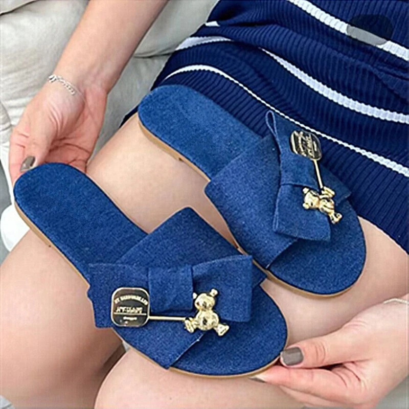 Women\'s Slippers Summernew Flat Round Head Open Toe Bow Metal Decorative Sandals Casual Comfortable Lightweight Nonslip Slippers