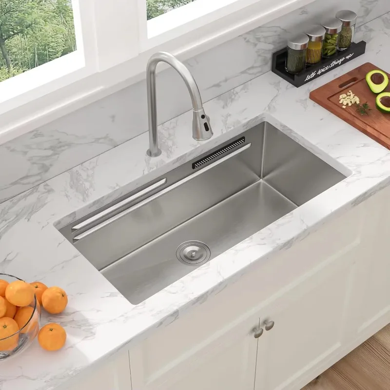 Kitchen Sink 33 Inch Waterfall Undermount Brushed Stainless Steel Rectangular Single Bowl Multifunction Workstation Basin Ledge