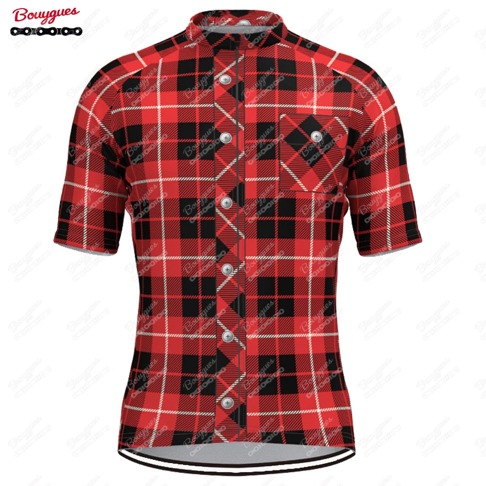 Plaid Checkered Shirt Cycling Jersey For Men Short Sleeve Reflective MTB Maillot Downhill Pro Team Mountain Bicycle Clothing