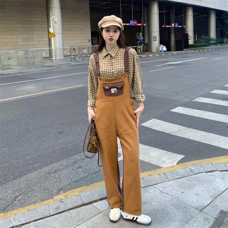 

Khaki Denim Overalls Women Spring 2024 Korean Style Pants Loose Wide Leg Jumpsuits Tide Casual All Match Women Draped Jeans