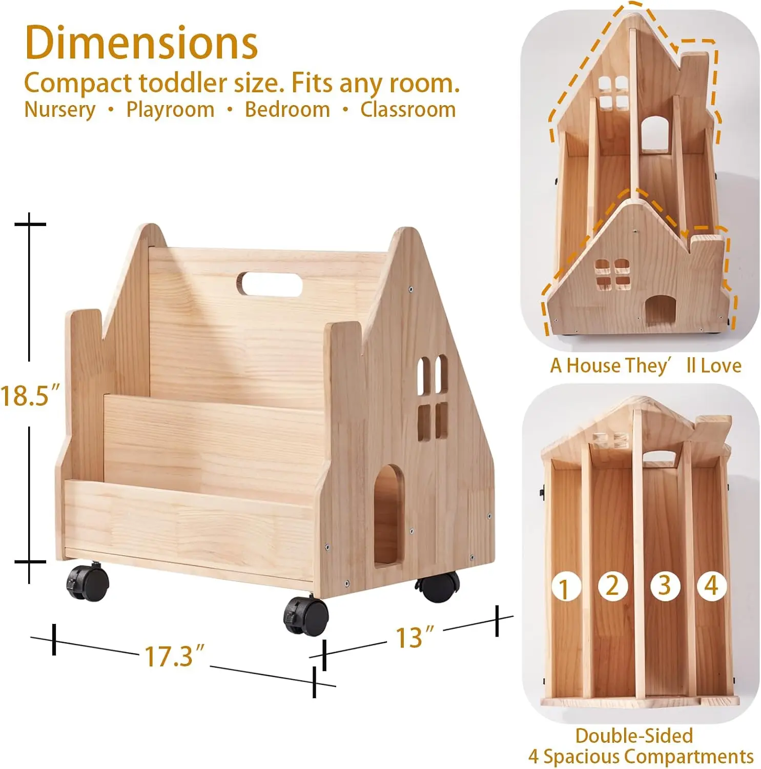 Kids Bookshelf for Toddlers, Montessori Wooden Bookcase with Wheels