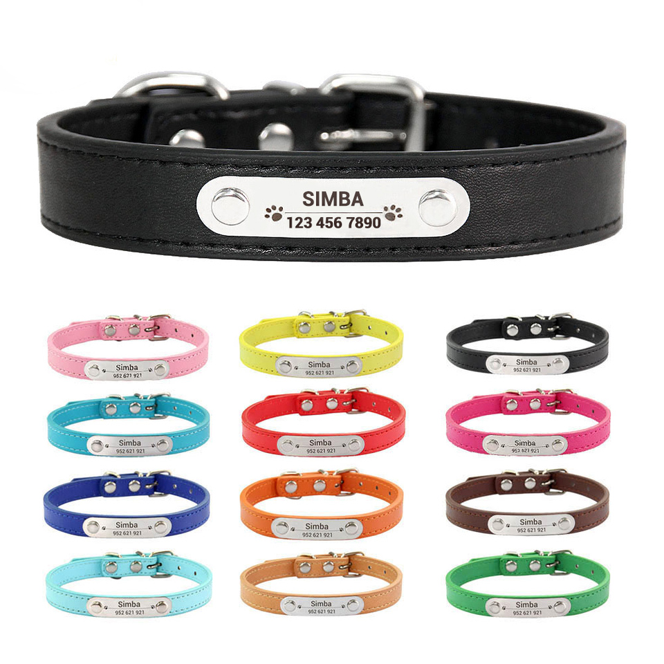  Personalized Dog Collar Name Carved ID Anti-lost Solid PU Leather Collar For Small Medium Large Dogs Puppy Cat Pet Supplies Pink 