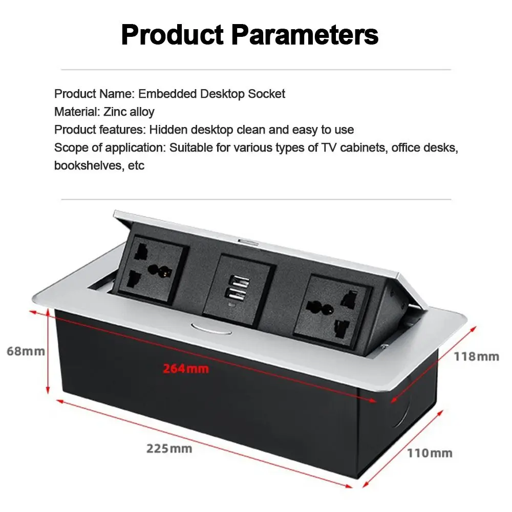 Metal Panel Table Top Recess Outlet Embedded Flipper Cover Bounce Multi-Functional with 2 USB Port Desktop Plug-In Adapter