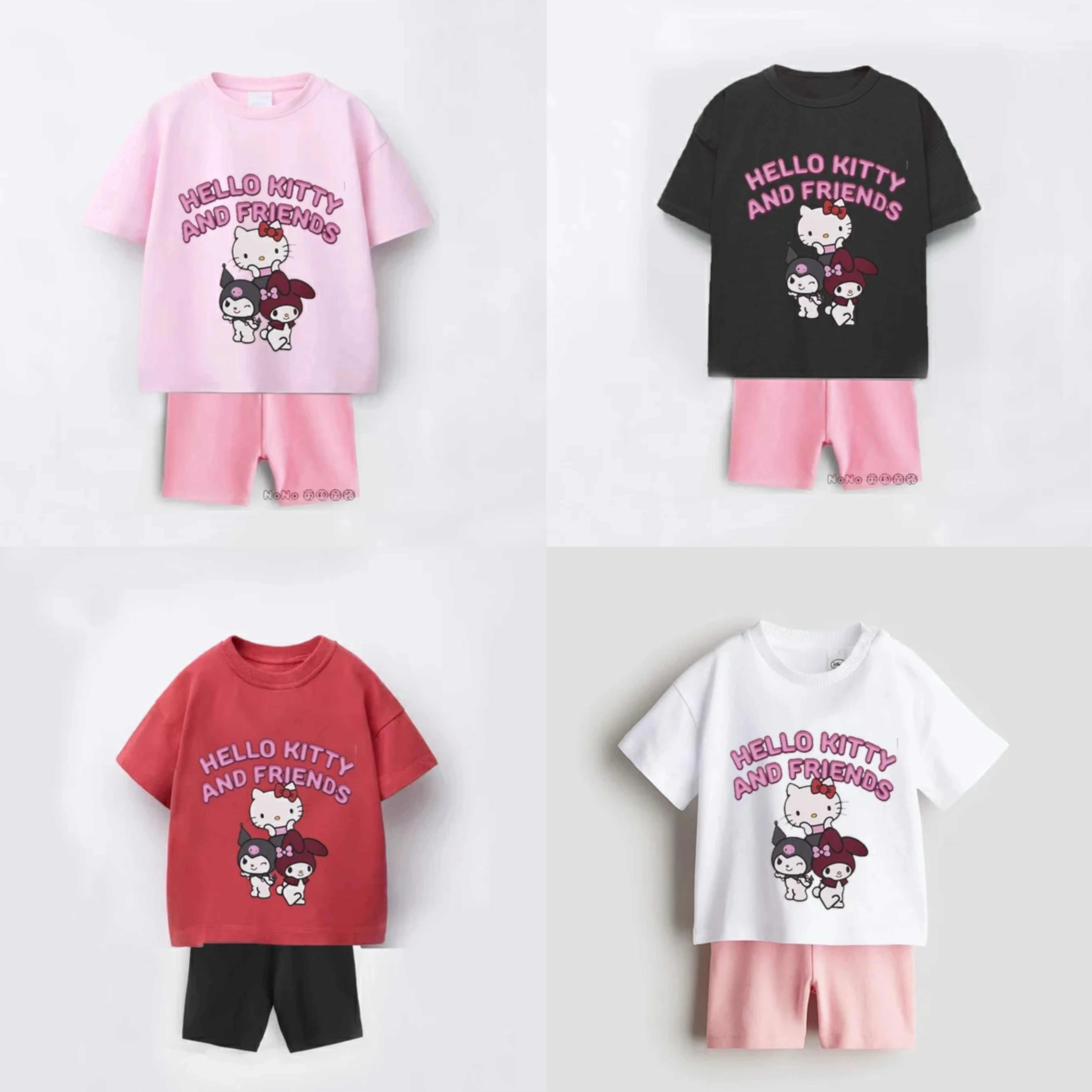 2-8Age Girls Summer Costume Cute Cat Print T-shirt Solid Color Shorts Casual Sports Suits For Children Brand New Design Clothes