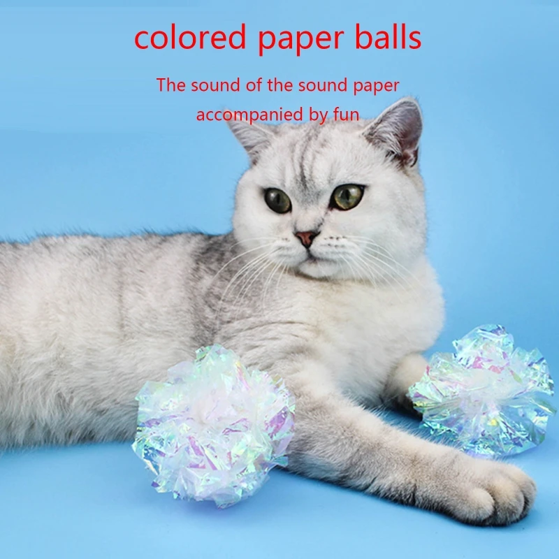 Paquete 2 bolas arrugadas coloridas para juguete gato, bola papel Mylar, sin tintes para gatitos
