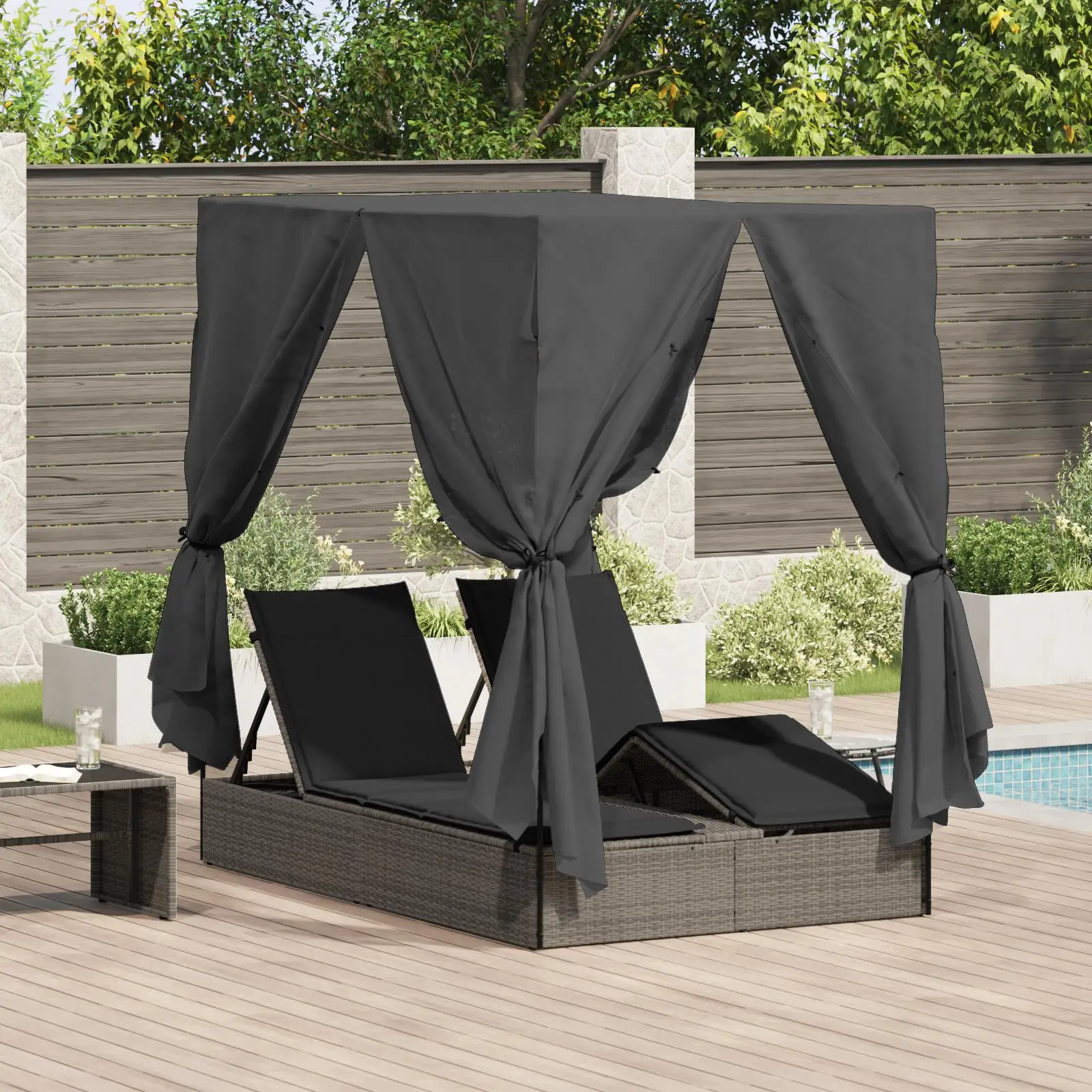 

Double Sun Lounger Outdoor Bed with Canopy Curtains in Grey Rattan Upholstery