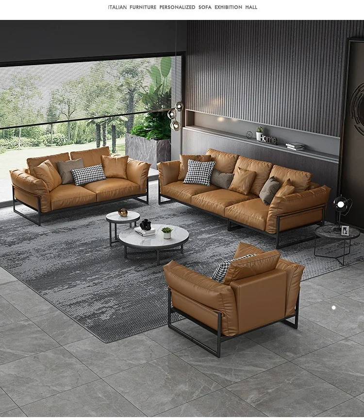 

Napa leather sofa head cowhide living room Italian minimalist coffee high-end straight-row sofa for three people