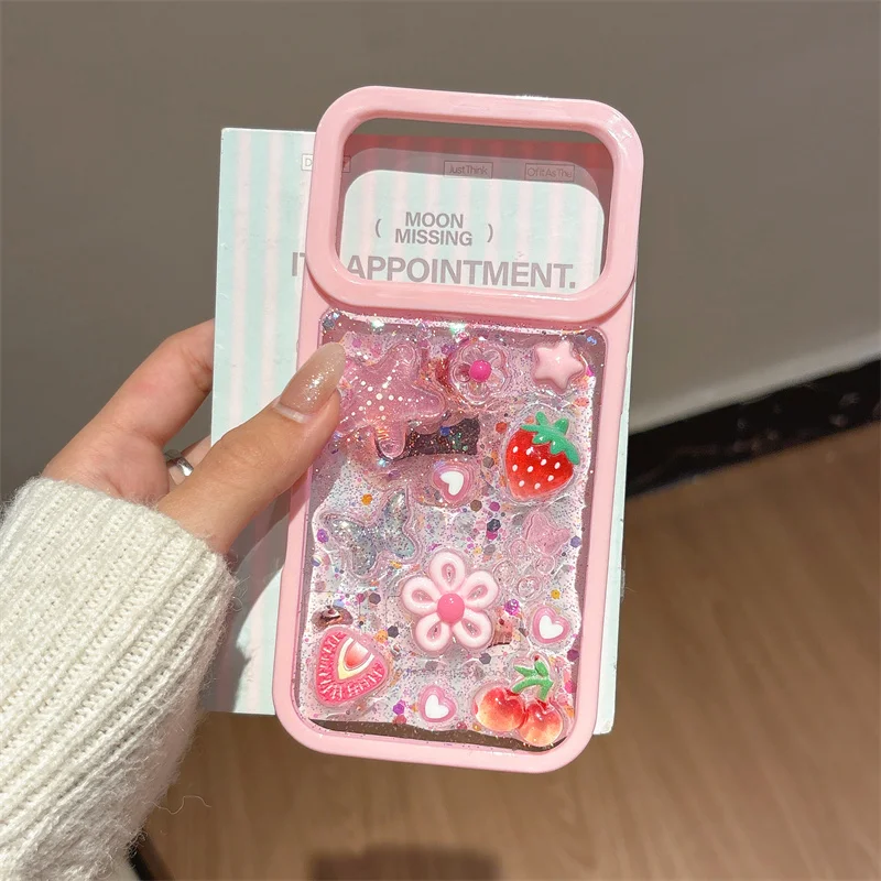 

Korean Cute 3D Pink Fruits Flowers Clear Phone Case For iPhone 17 16 15 14 Plus 13 Pro Max 16Plus Shockproof Transparent Cover