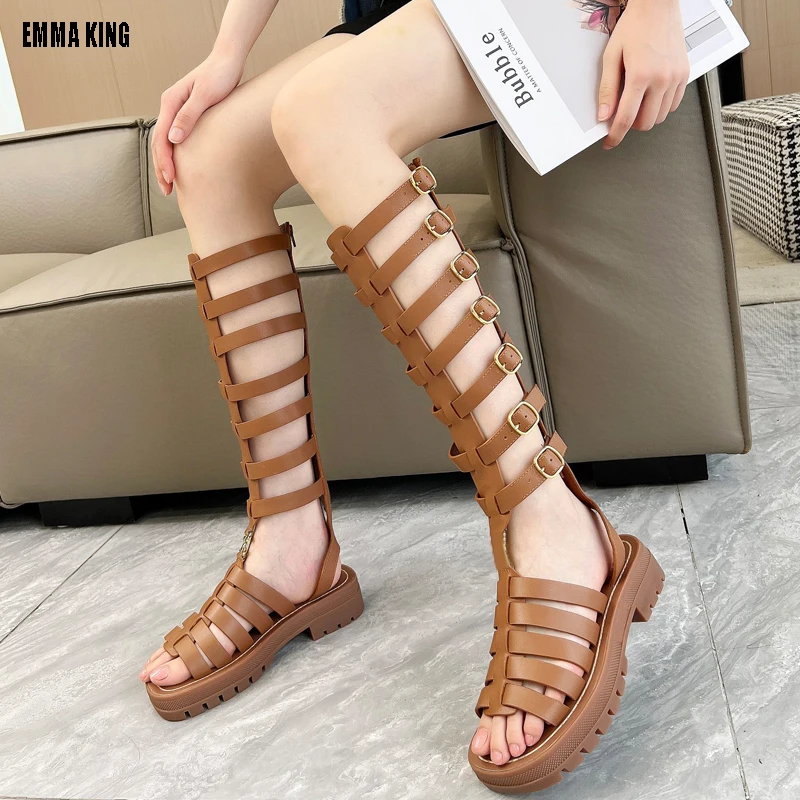 

2024 Summer Women's Roman Knee High Sandals Buckle Breathable Boots Ladies Fashion Casual Flat Streetwear Trendy Ladies Sandals