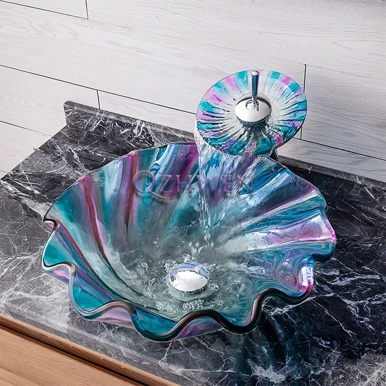 450*450*120mm Bathroom Sinks Countertop Washbasin Flower Shape Hand Wash Pool Colorful Art Basin with Waterfall Faucet Sets