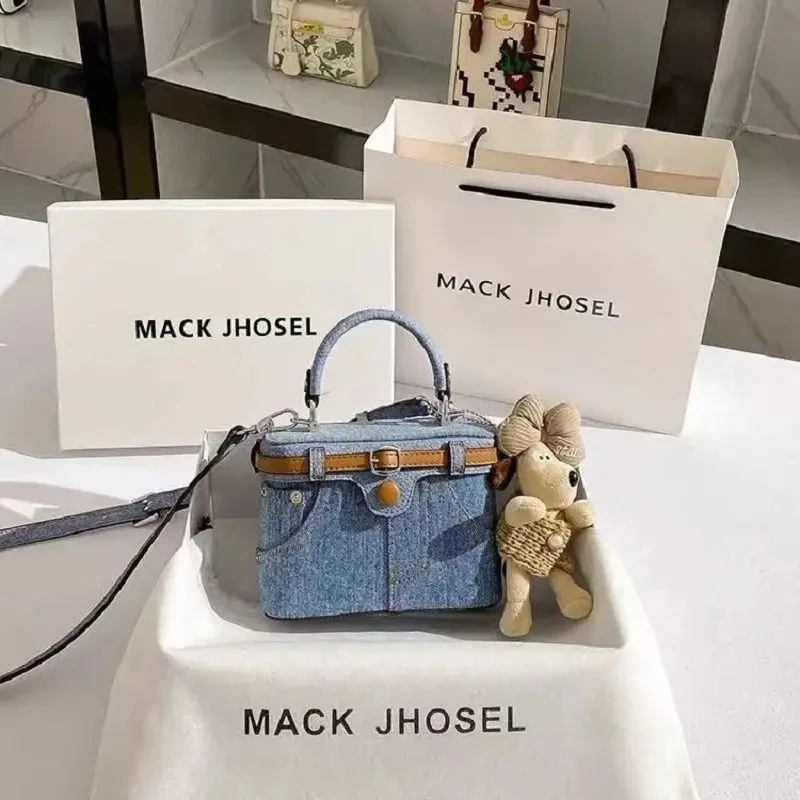 

High Quality Textured Blue Denim Square Box Fashion Women Handbag Lady Clutch Purse Shoulder Messenger Bag Female Casual Bag