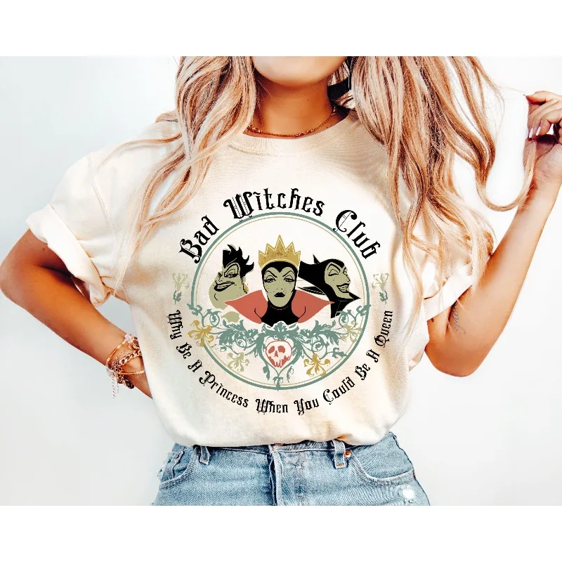 قميص Disney Villains، تي شيرت Retro Bad Witches Club، Ursula Maleficent Evil Queen Vintage Halloween Disney Park Vacation Top