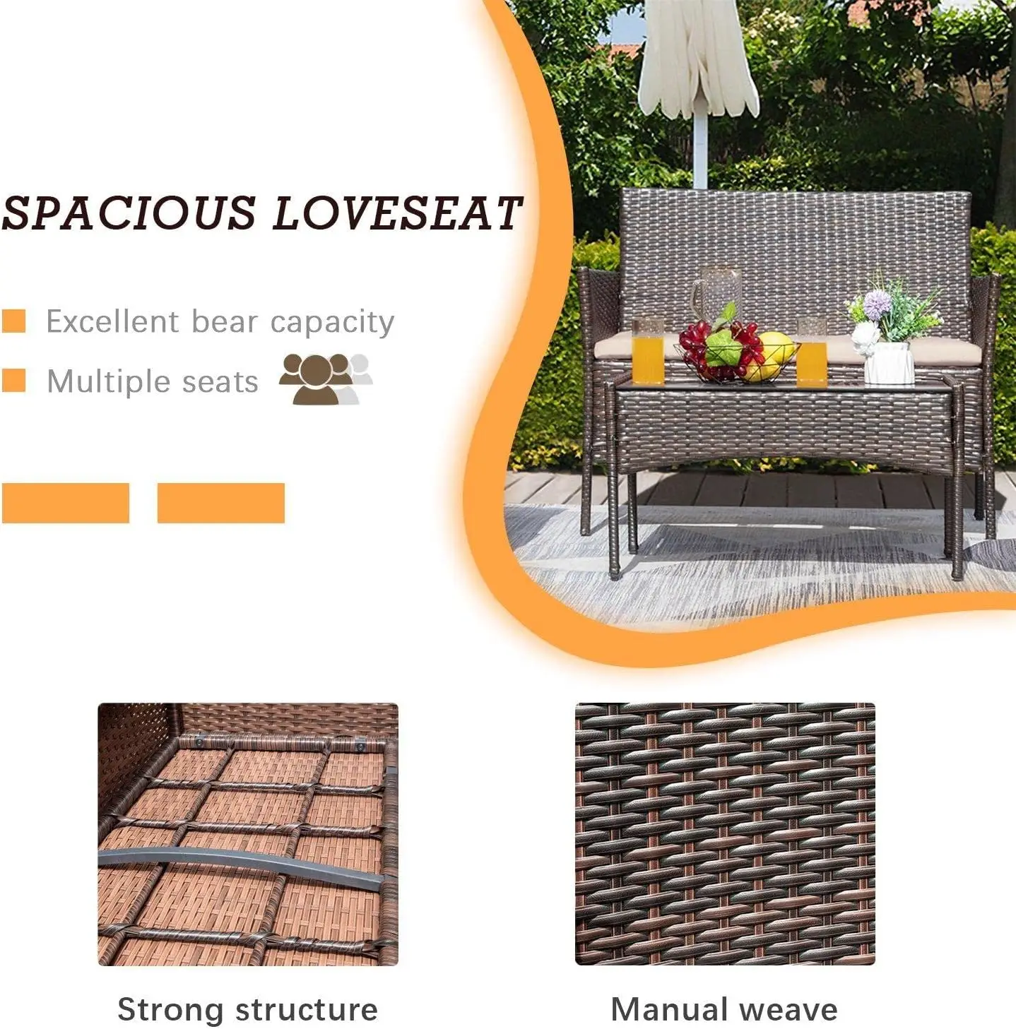 Outdoor Furniture Patio Set Cushioned PE Wicker Rattan Chairs w/Coffee Table 4pc for Garden Poolside Porch Backyard Lawn Balcony