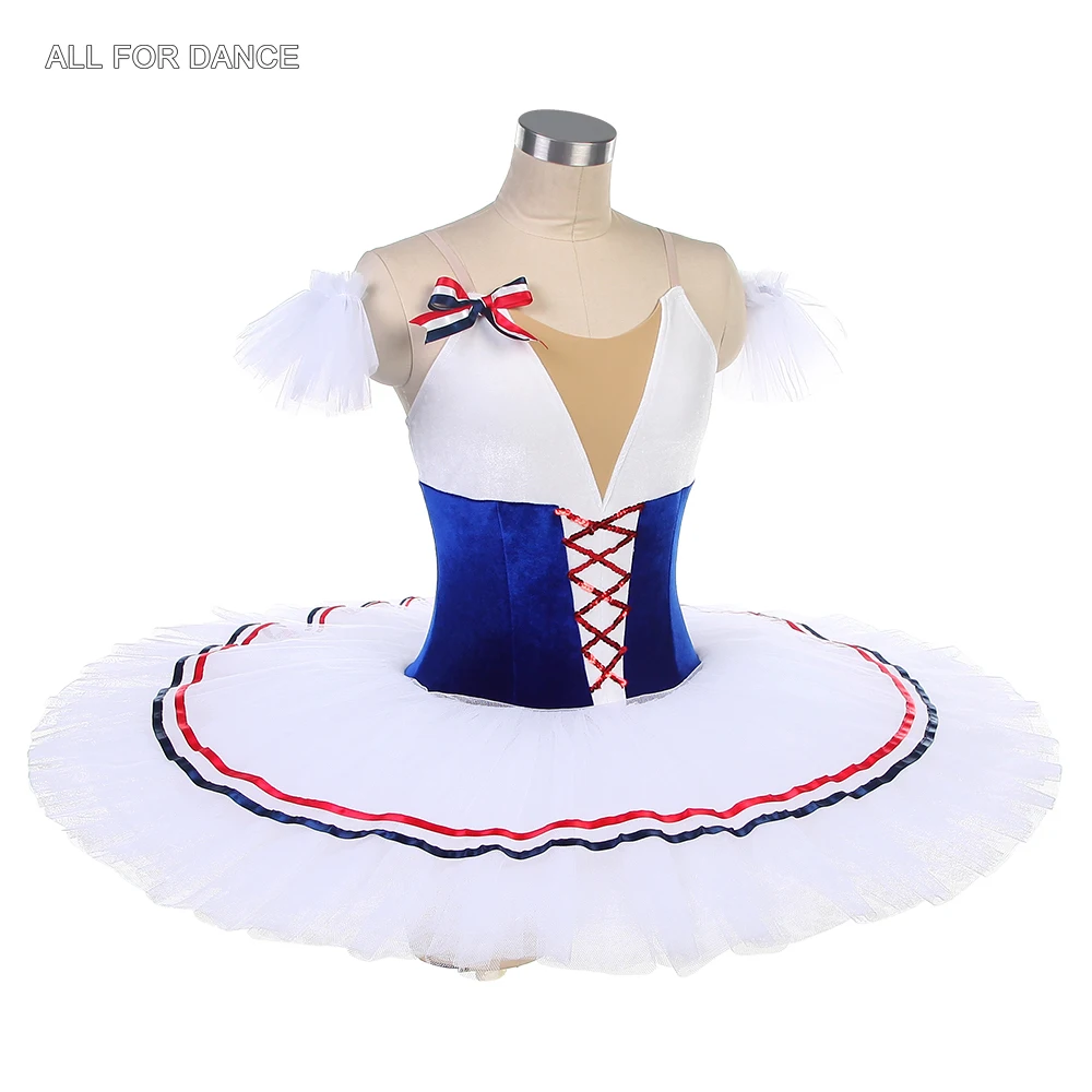 BLL589 ロイヤルブルー/ホワイト ベルベットボディス、ホワイトの硬いチュールチュチュ付き、フラム・オブ・パリのバリエーション用プレプロフェッショナルバレエチュチュ