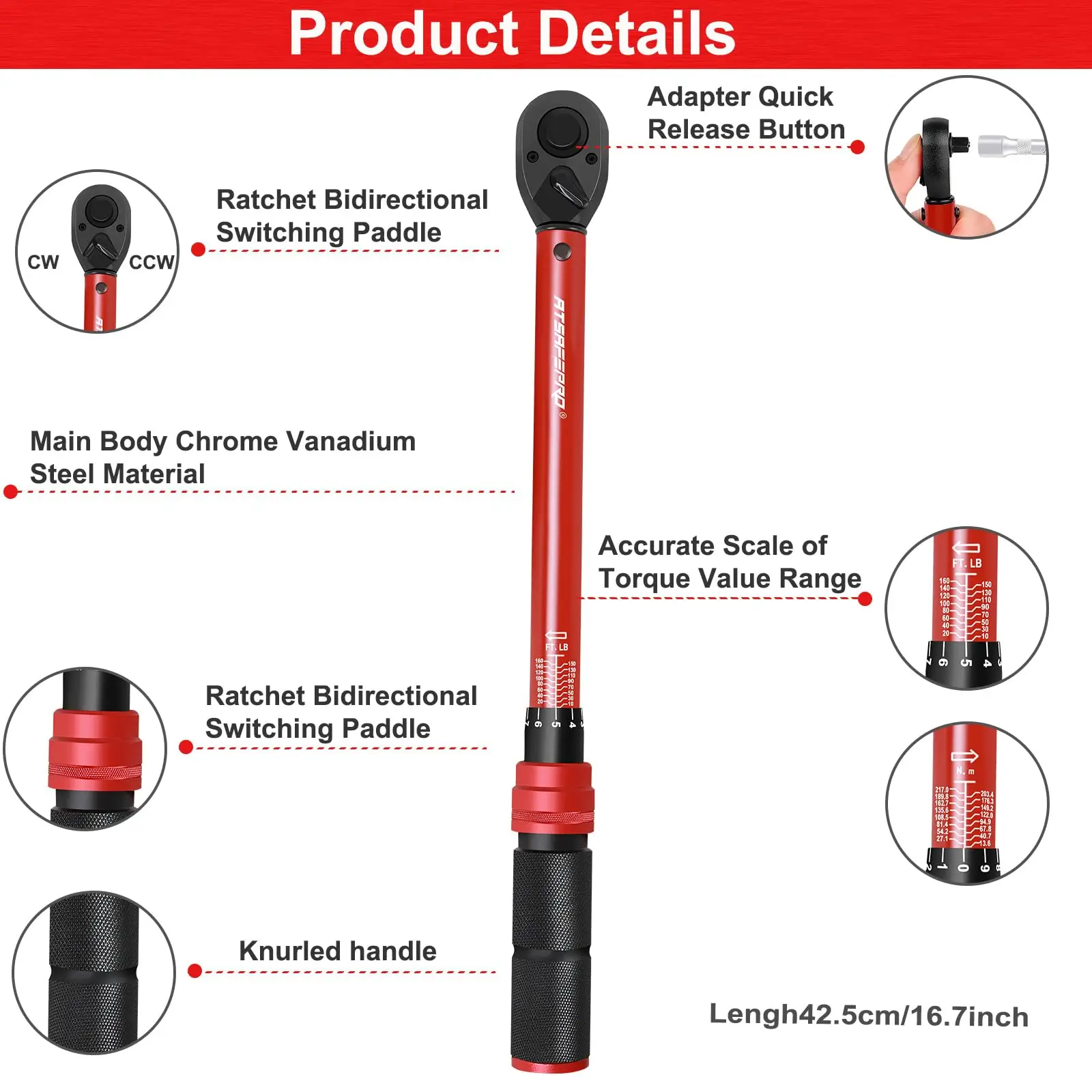 

Новый набор динамометрических ключей 2026 года, 1/2 дюйма, 40-210 Нм, с манометрическим индикатором, для ремонта велосипедов