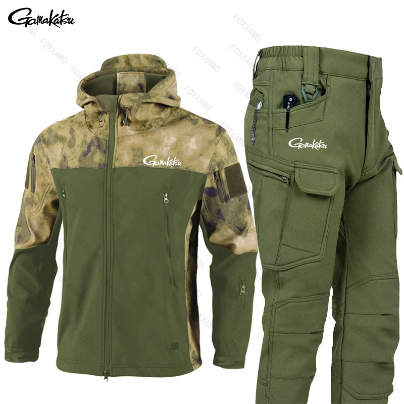 Gamakatsu Fishing Tactical Waterproof Sets Men Outdoor Soft Shell Training Suit Windproof Hooded Jackets Pants 2 Pcs Set Male